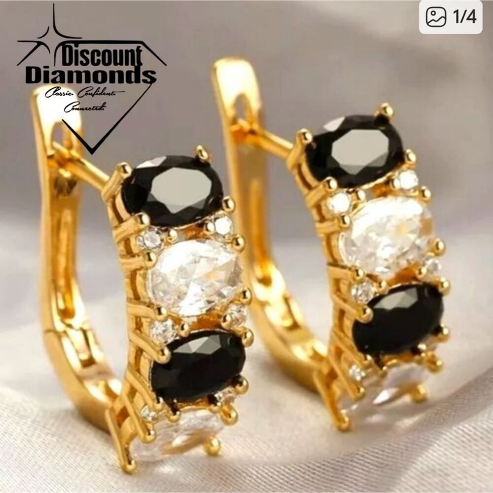 Black & White Diamond Hoop Earrings 18K Yellow Gold On 925 Silver